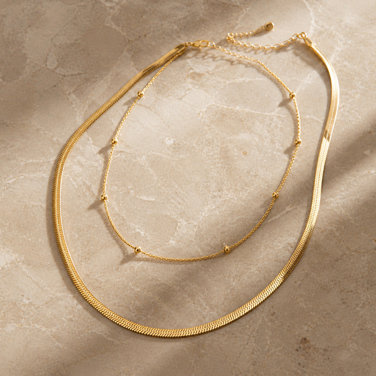 KLY-1024 Gold İtalyan Yassı Zincir ve Top Detaylı İkili Çelik Kolye