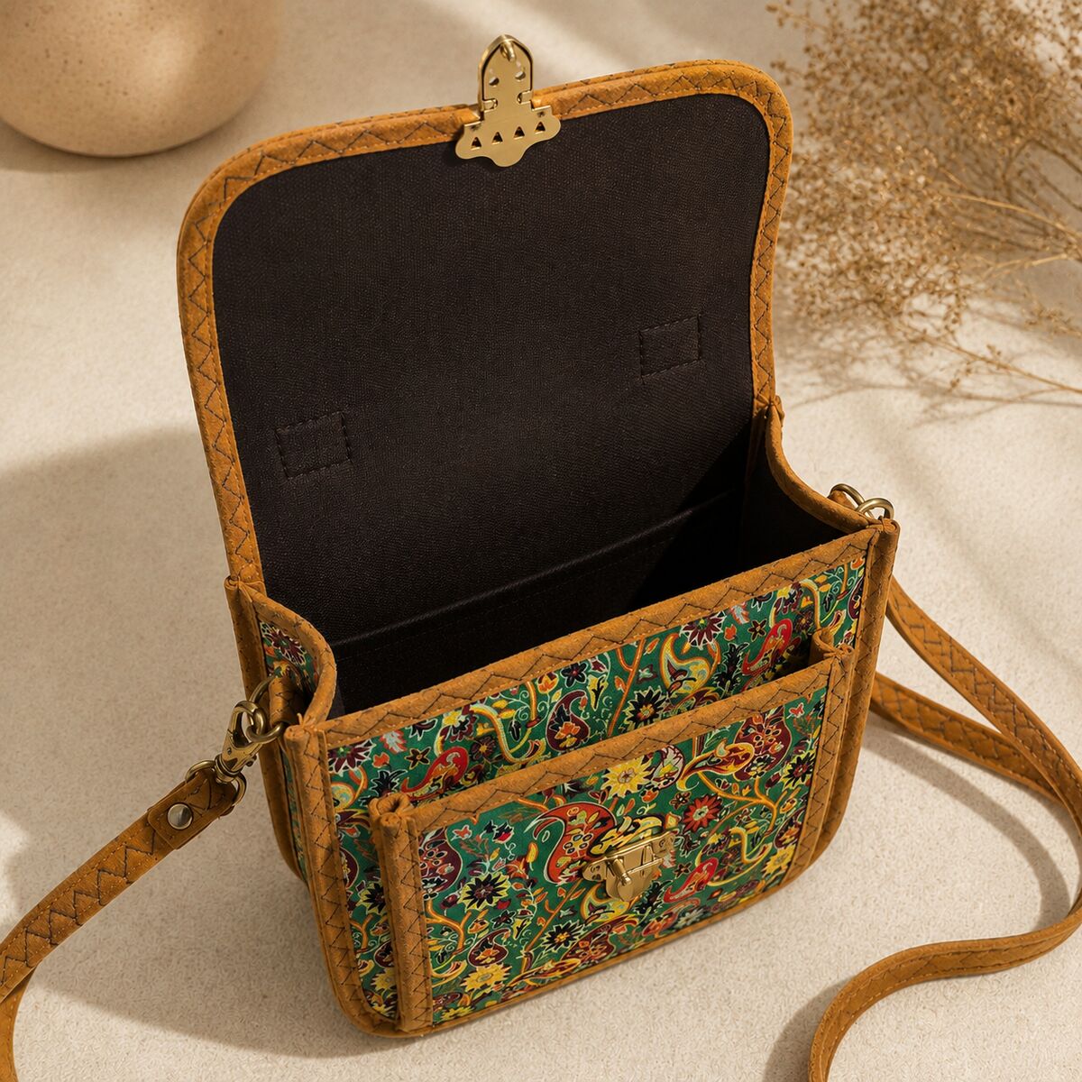 CNT-6023 Yeşil Paisley Desenli Goblen Omuz Çantası | Eos Kolektif