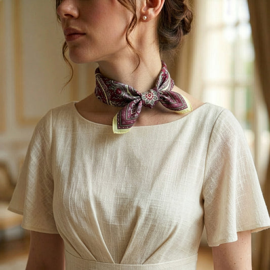 FLR-5011 Pastel Sarı & Mürdüm Paisley Mini Fular