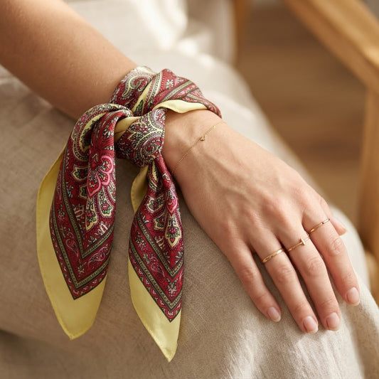 FLR-5011 Pastel Sarı & Mürdüm Paisley Mini Fular