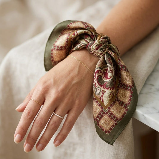 FLR-5015 Zeytin & Mürdüm Premium Pamuklu Paisley Mini Fular