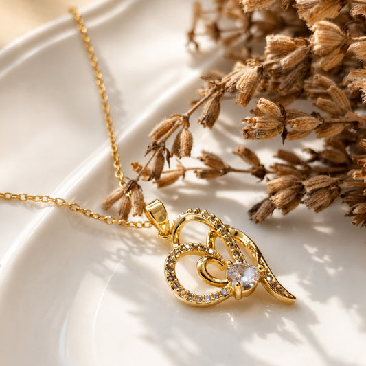 KLY-1031 Gold Zirkon Taşlı İçiçe Kalp Çelik Kolye | Eos Kolektif