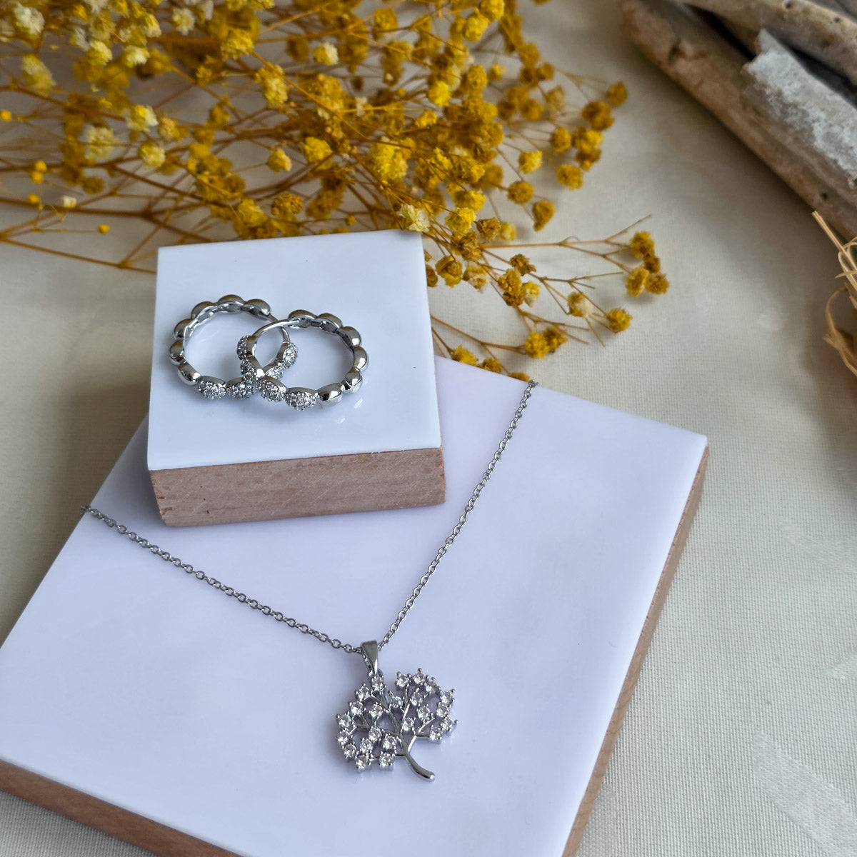 ST-10 Silver Hayat Ağacı Çelik Kolye ve Zirkon Taşlı Halka Küpe Seti