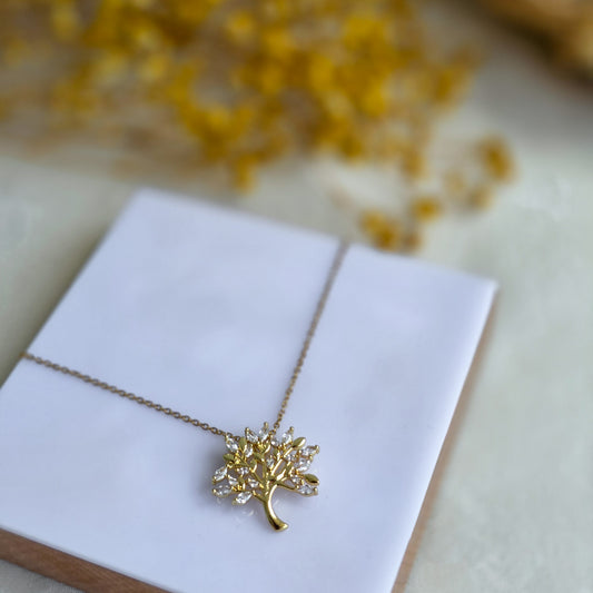 KLY-1026 Gold Hayat Ağacı Zirkon Taşlı Çelik Kolye