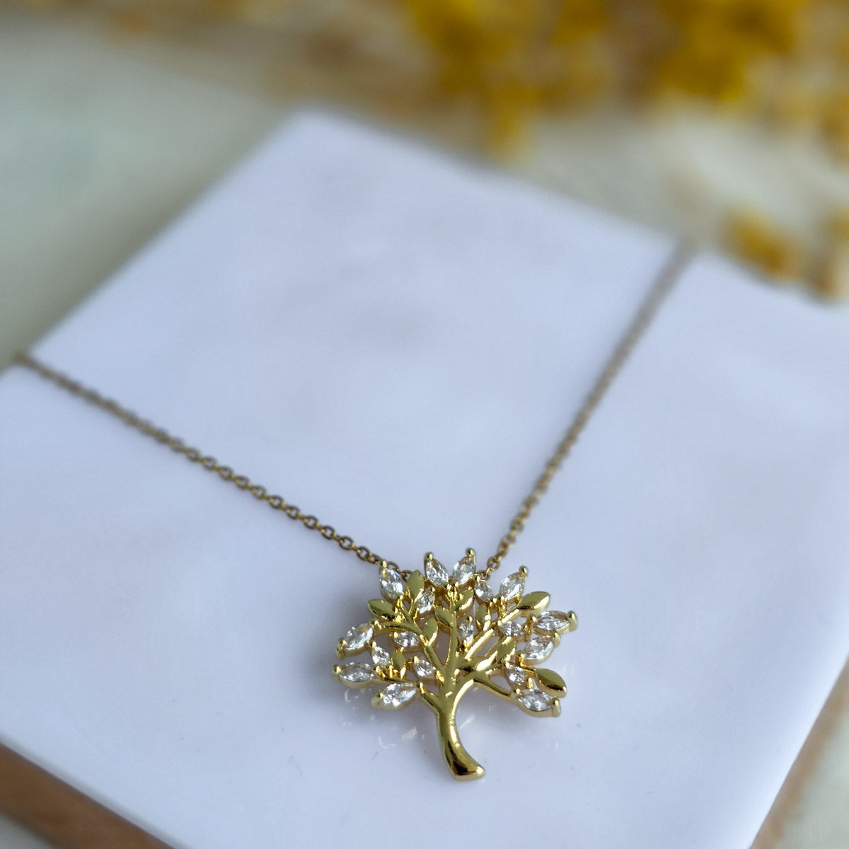 KLY-1026 Gold Hayat Ağacı Zirkon Taşlı Çelik Kolye