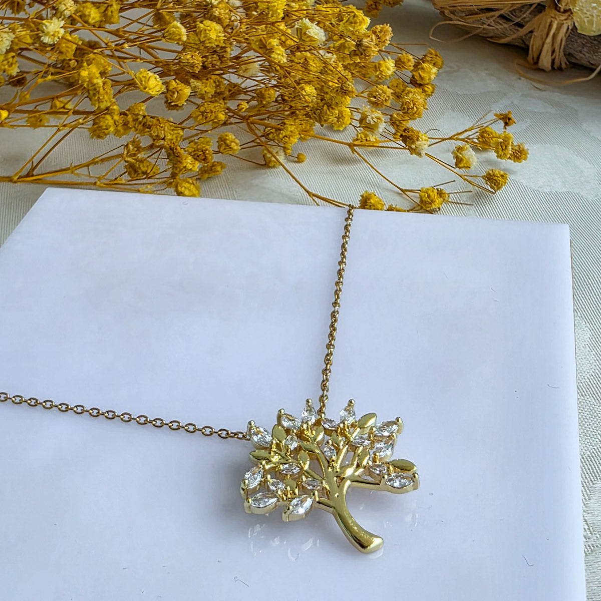 KLY-1026 Gold Hayat Ağacı Zirkon Taşlı Çelik Kolye