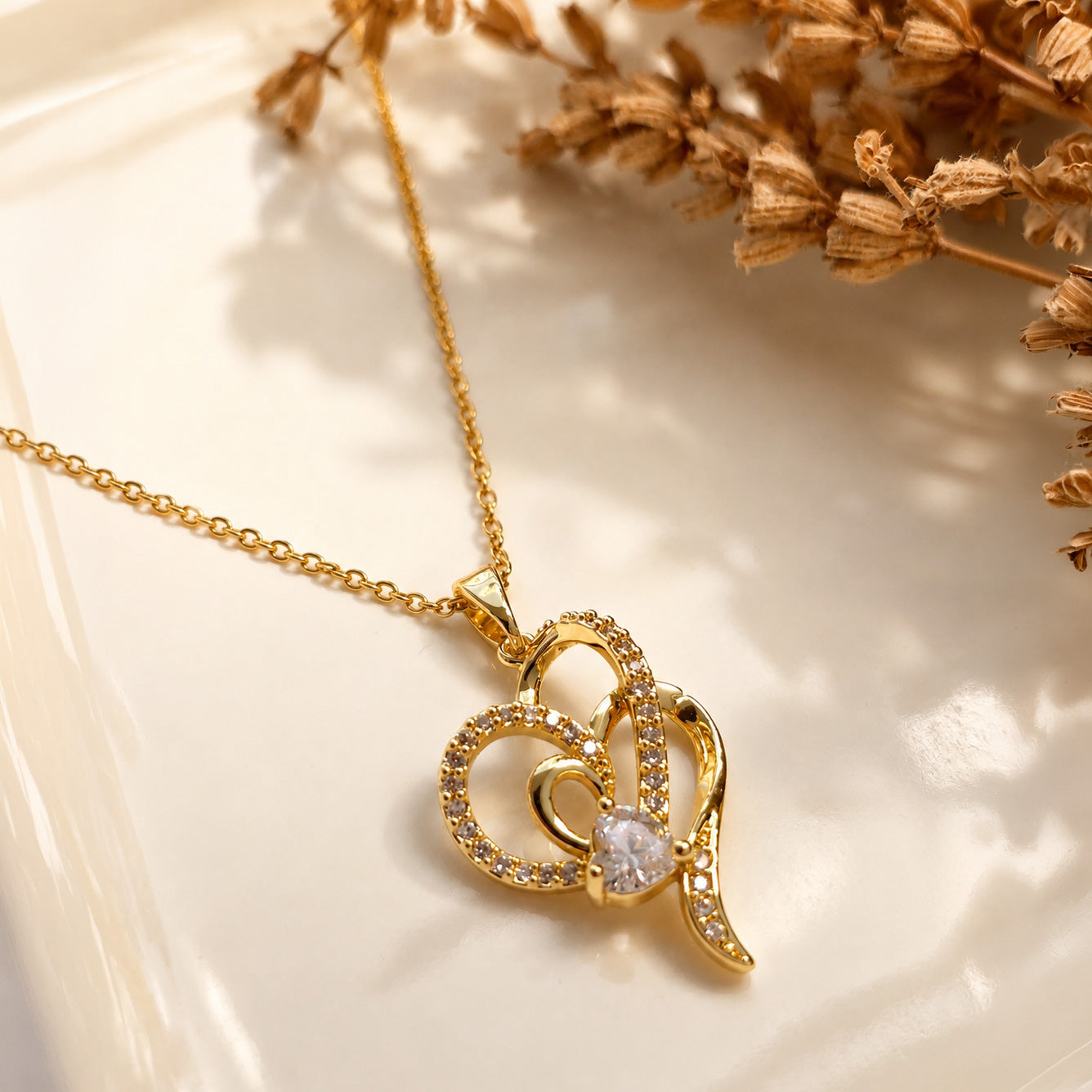 KLY-1031 Gold Zirkon Taşlı İçiçe Kalp Çelik Kolye | Eos Kolektif