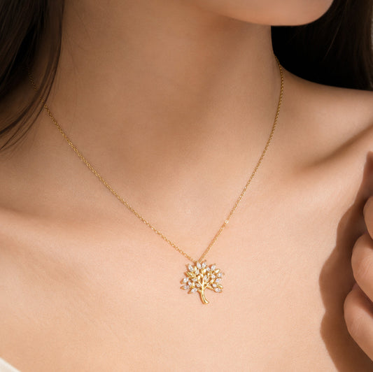 KLY-1026 Gold Hayat Ağacı Zirkon Taşlı Çelik Kolye
