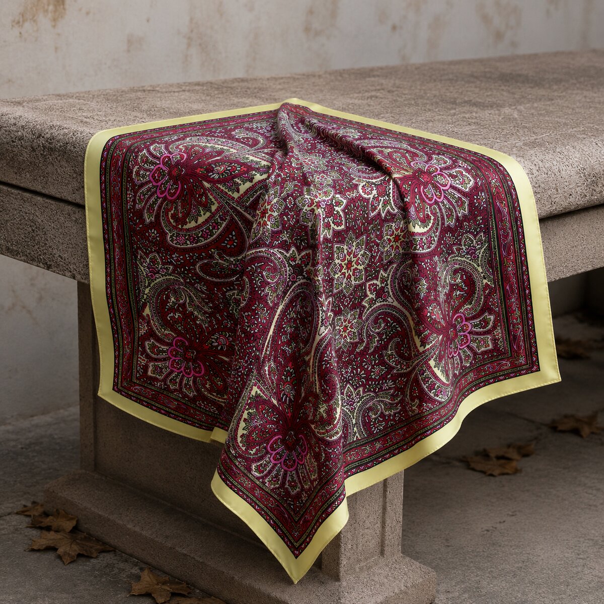 FLR-5011 Pastel Sarı & Mürdüm Paisley Mini Fular