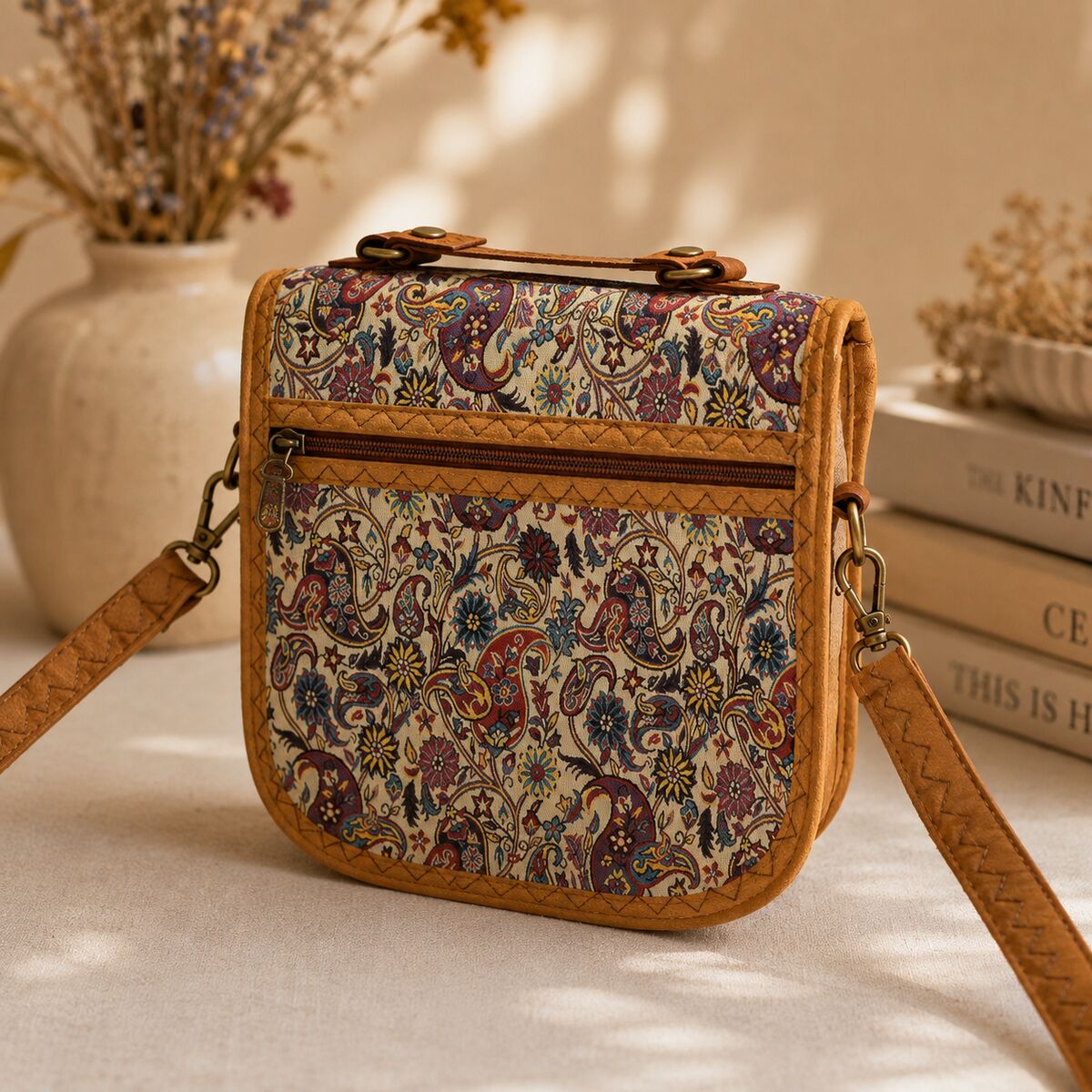 CNT-6015 Taba Paisley Desenli Goblen Omuz Çantası | Eos Kolektif