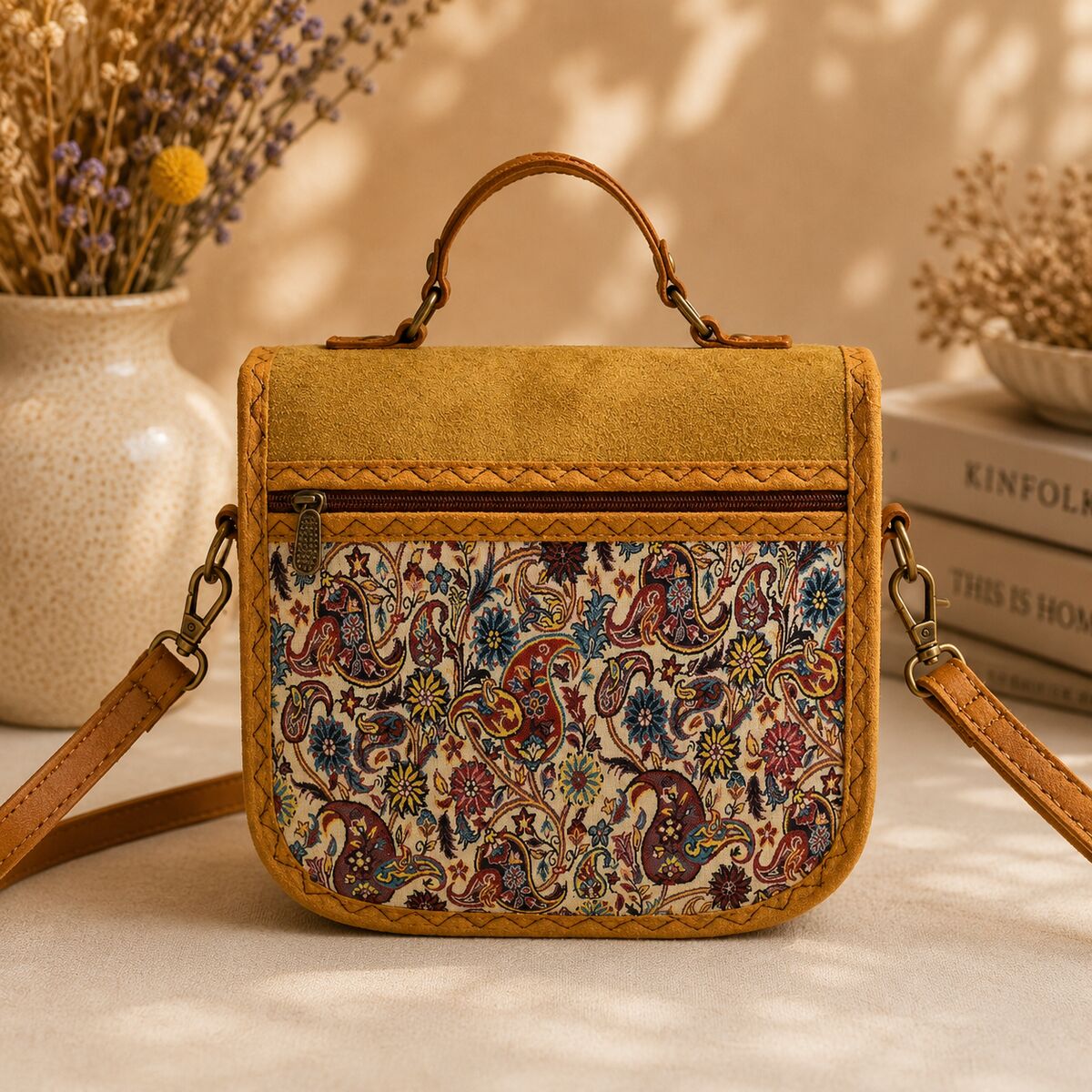 CNT-6017 Hardal Paisley Desenli Goblen Omuz Çantası | Eos Kolektif