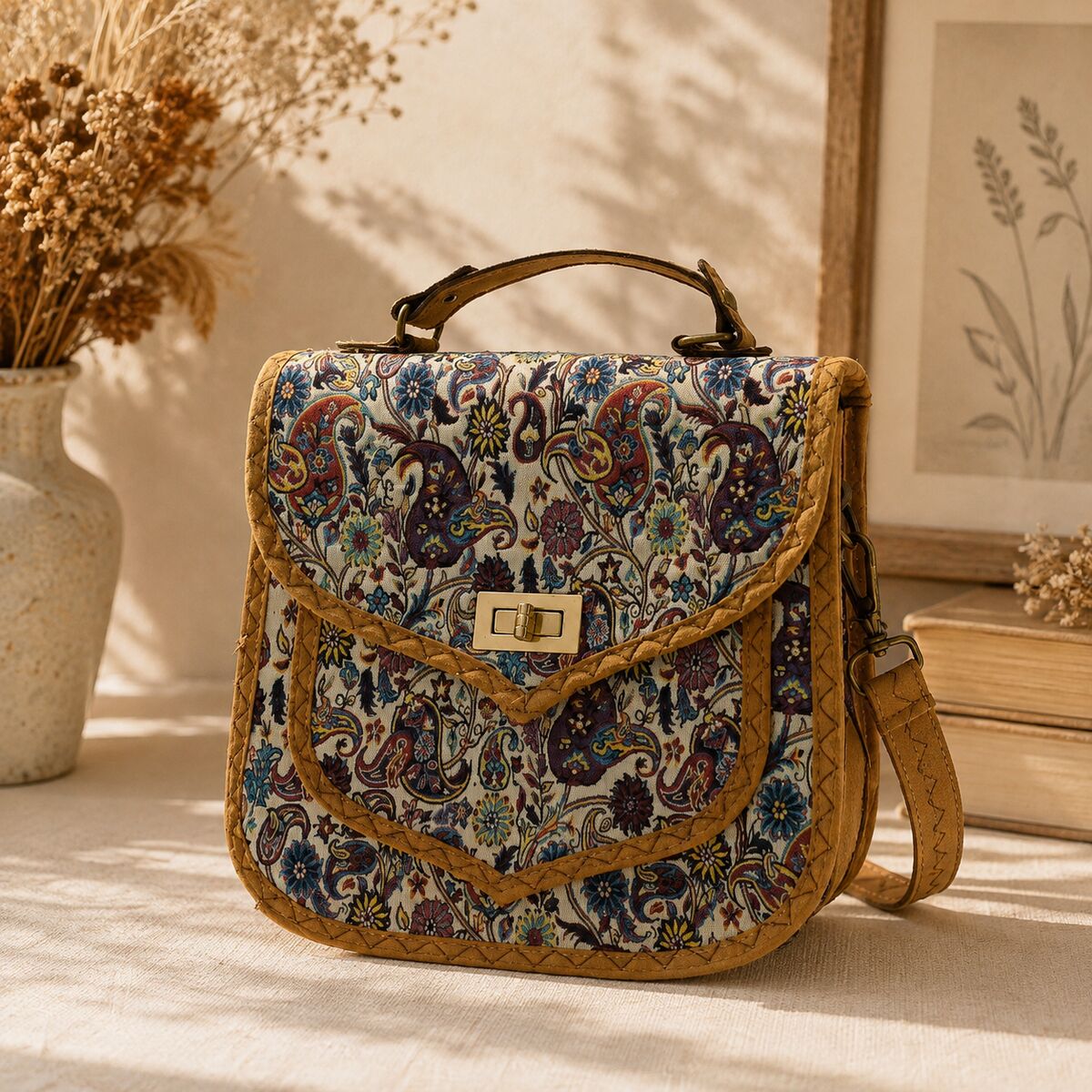 CNT-6015 Taba Paisley Desenli Goblen Omuz Çantası | Eos Kolektif
