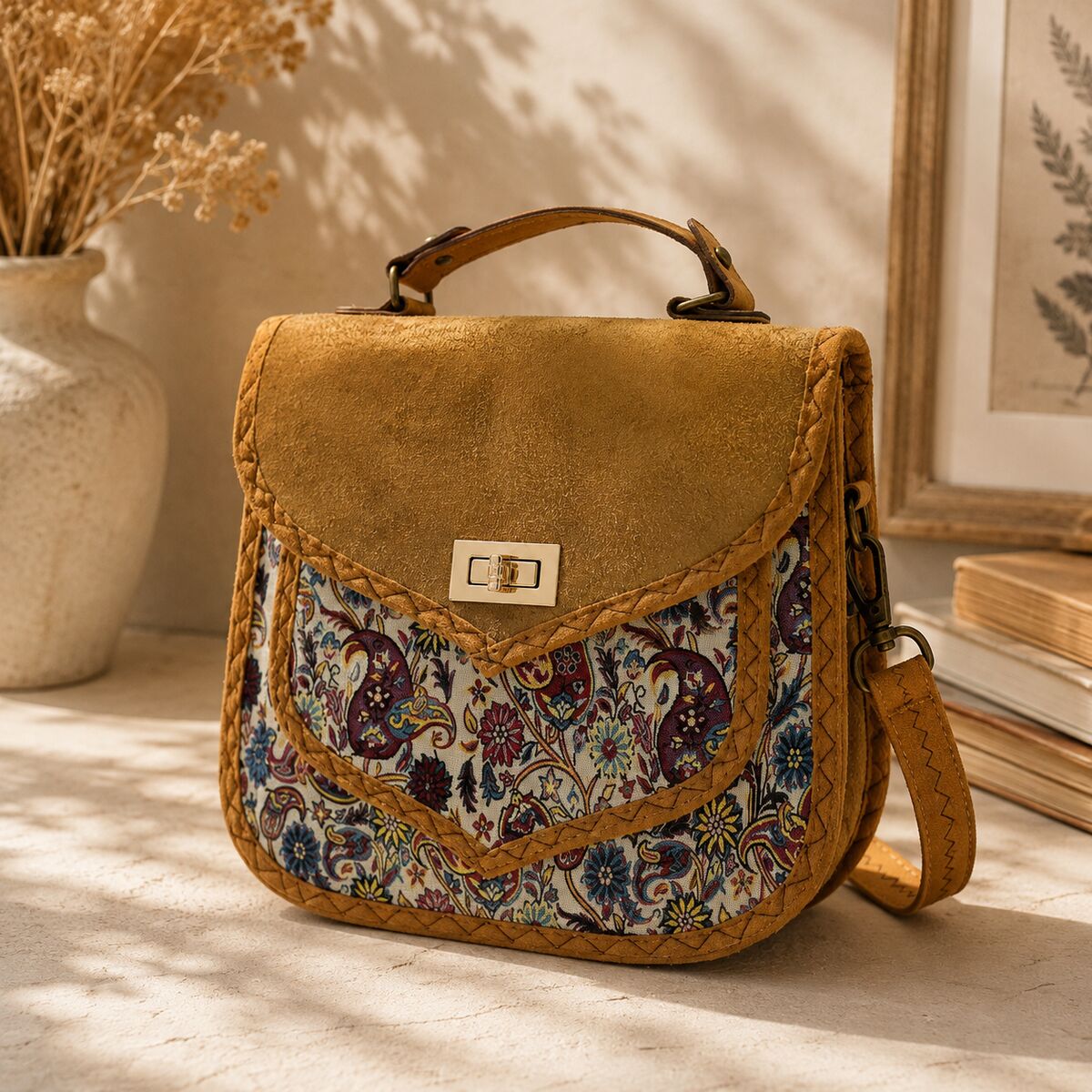 CNT-6017 Hardal Paisley Desenli Goblen Omuz Çantası | Eos Kolektif