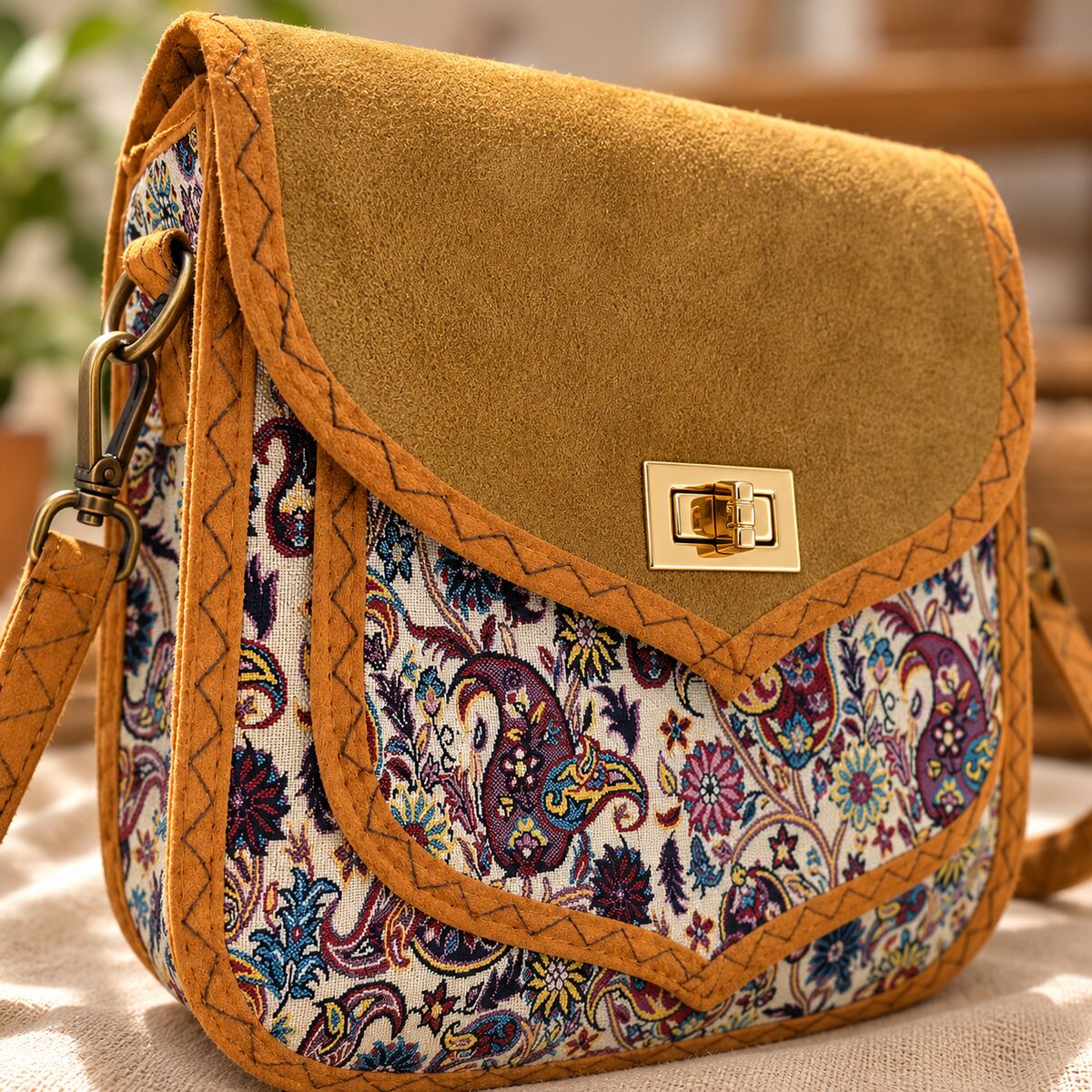 CNT-6017 Hardal Paisley Desenli Goblen Omuz Çantası | Eos Kolektif