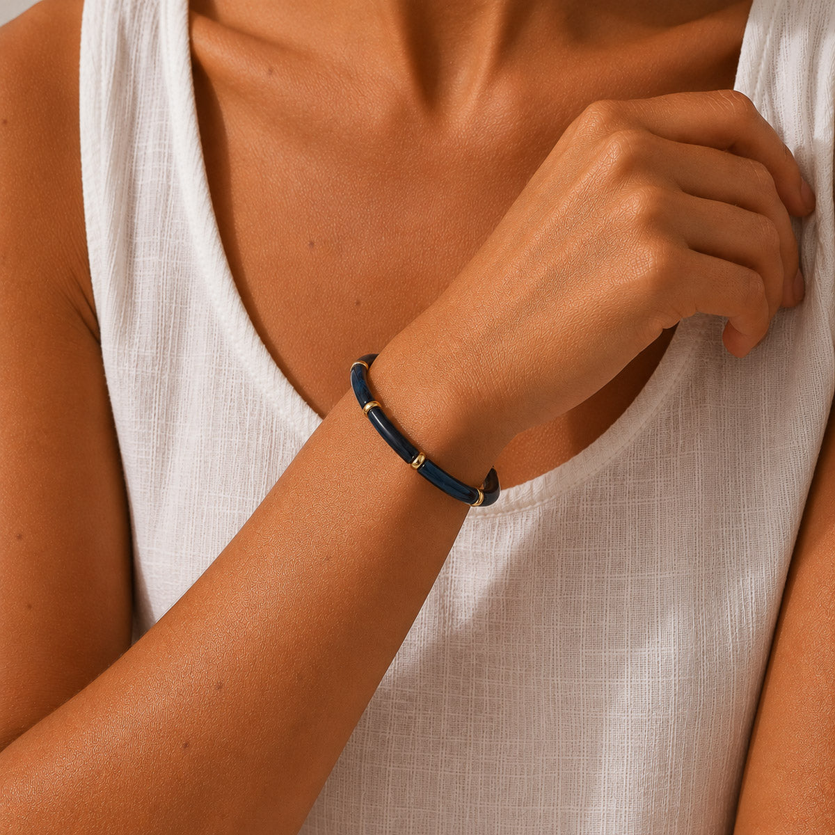 BLK-3026 Lacivert Bloklu Esnek İnce Kemik Bileklik | Eos Kolektif