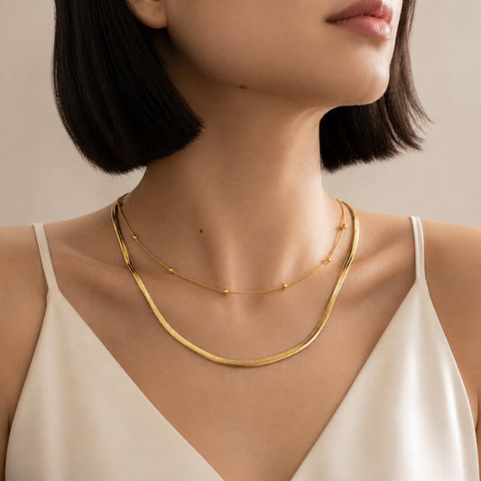 KLY-1024 Gold İtalyan Yassı Zincir ve Top Detaylı İkili Çelik Kolye - EOS Kolektif