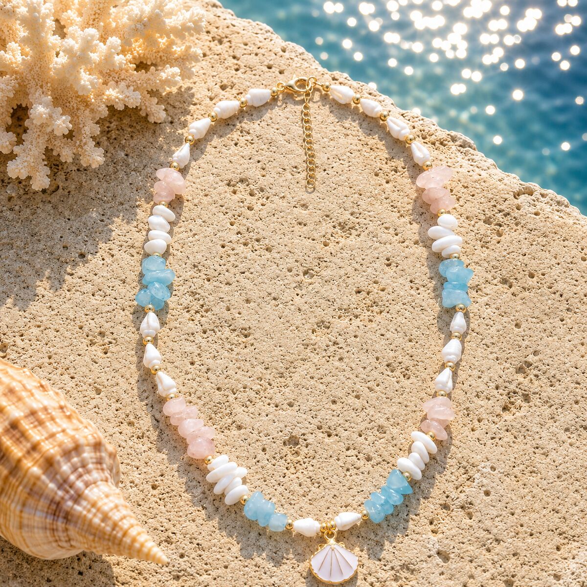 KLY-1044 Pastel | Doğal Taşlı Kabuklu Yazlık Kolye | Eos Kolektif - EOS Kolektif