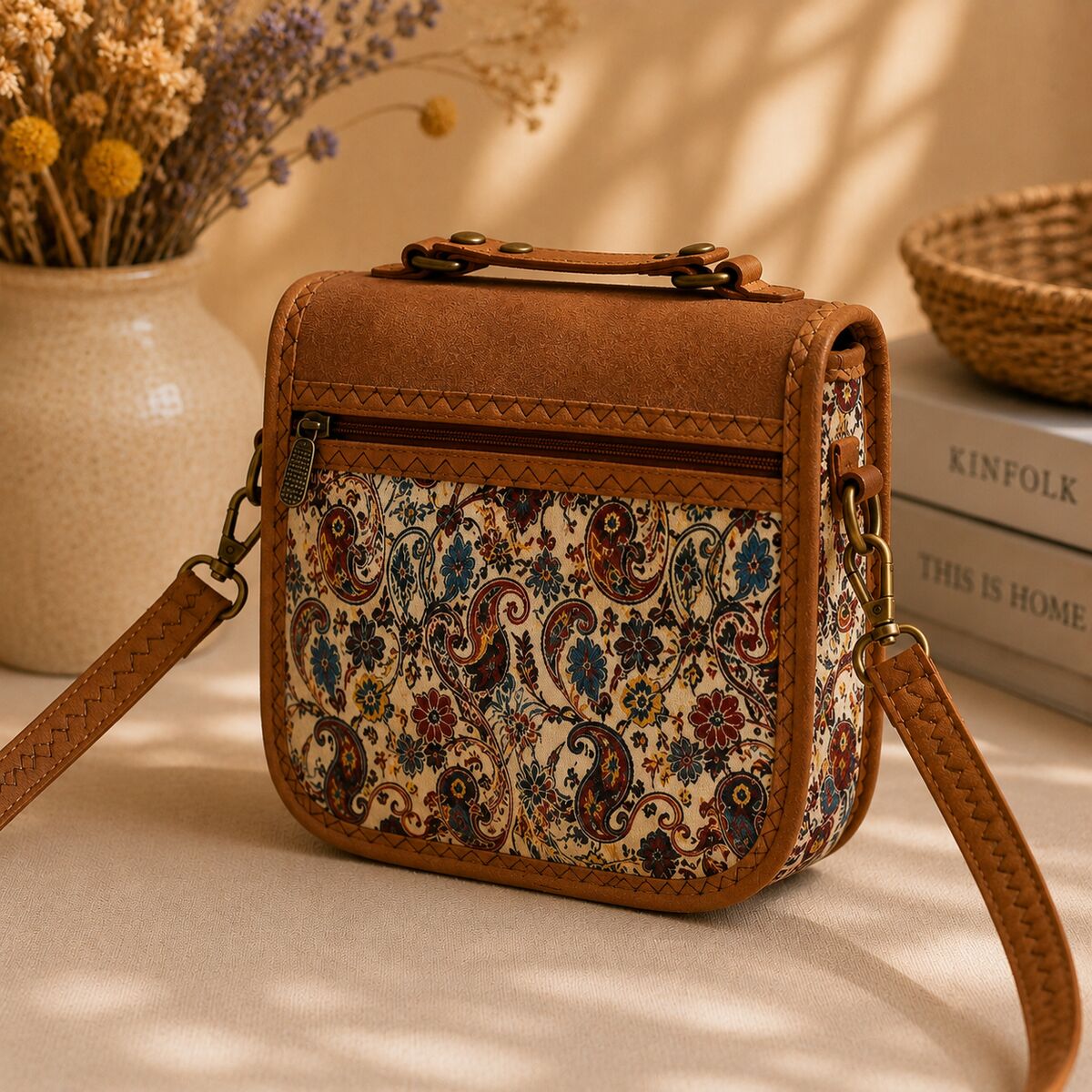 CNT-6019 Kahverengi Paisley Desenli Goblen Omuz Çantası | Eos Kolektif