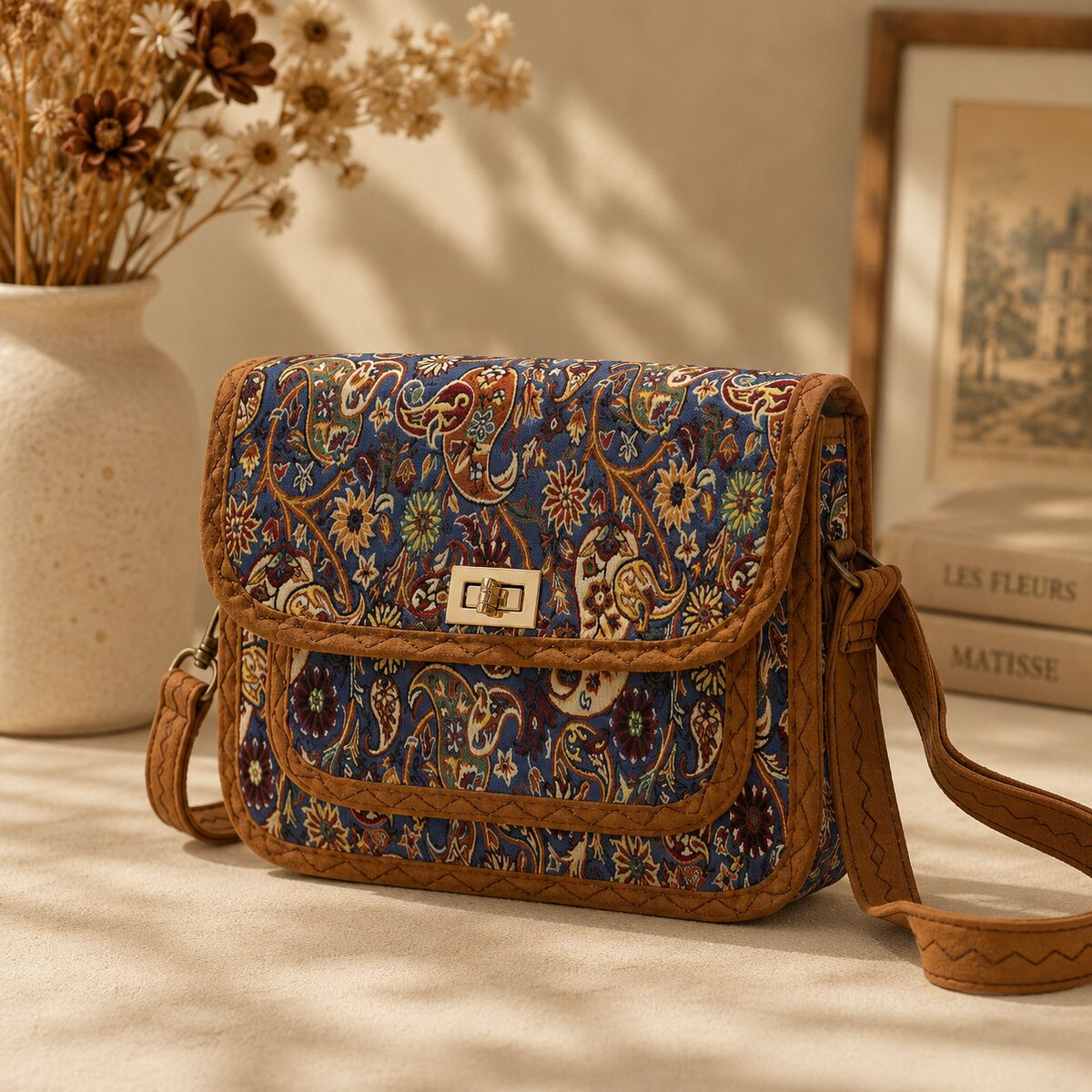 CNT-6021 Lacivert Paisley Desenli Goblen Omuz Çantası | Eos Kolektif