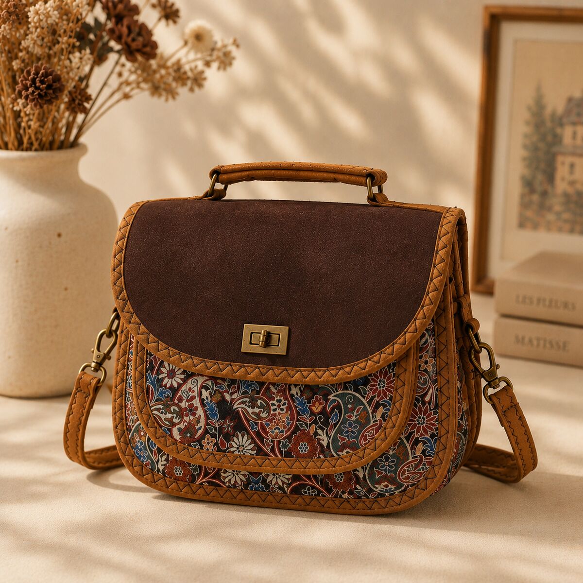 CNT-6019 Kahverengi Paisley Desenli Goblen Omuz Çantası | Eos Kolektif