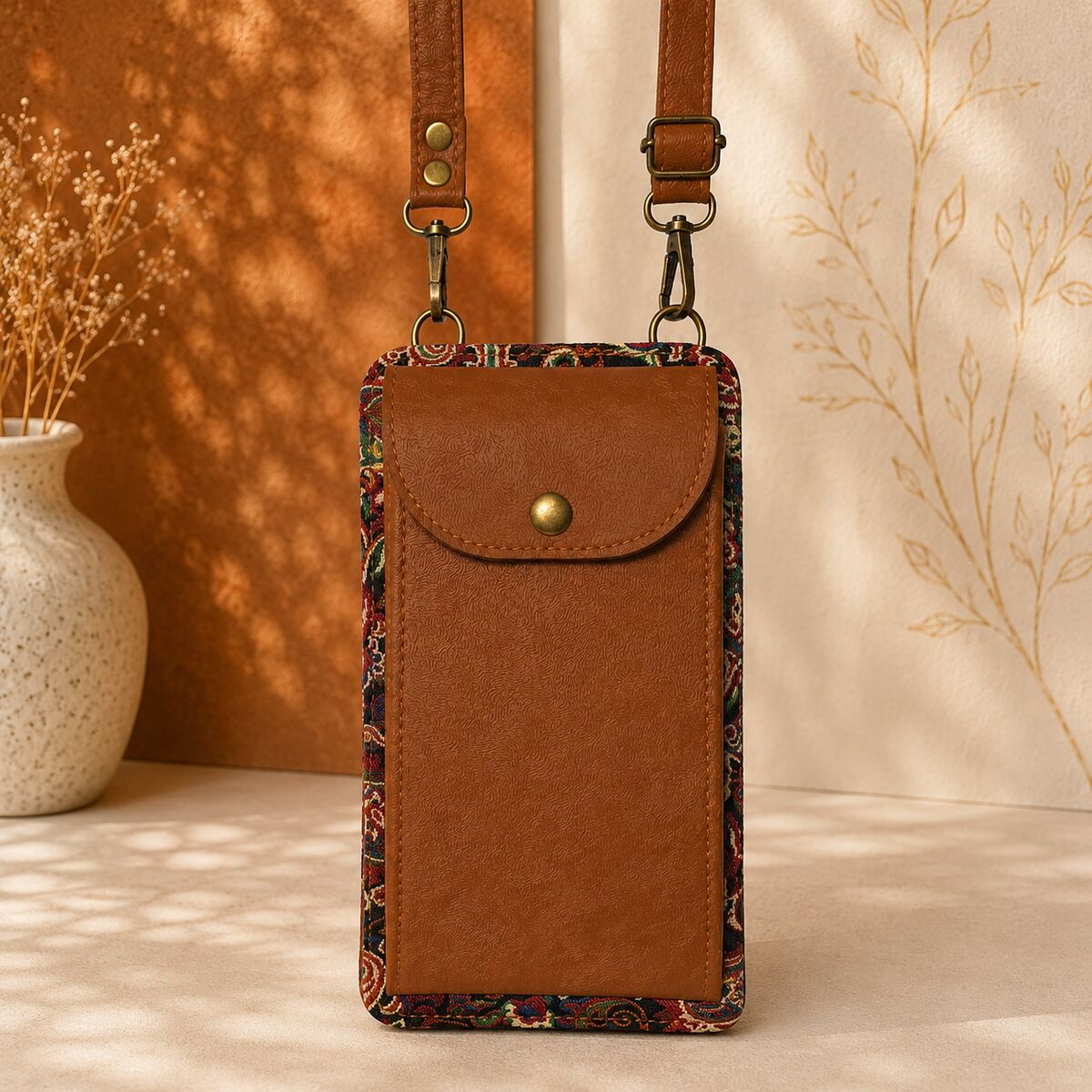 CNT-6011 Taba Lacivert Paisley Desenli Goblen Telefon Çantası | Eos Kolektif