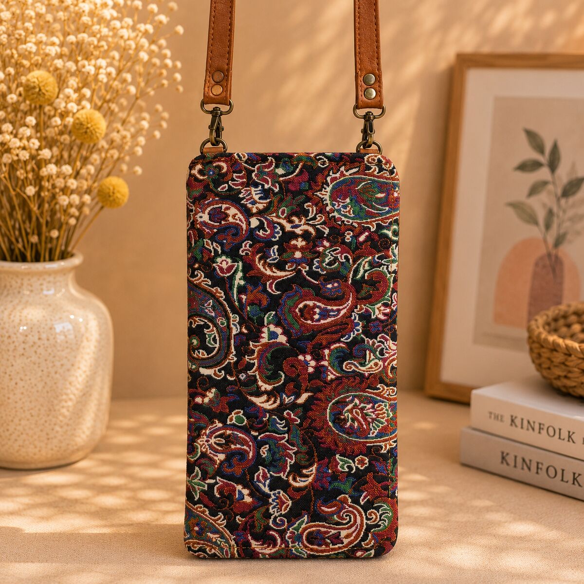 CNT-6011 Taba Lacivert Paisley Desenli Goblen Telefon Çantası | Eos Kolektif