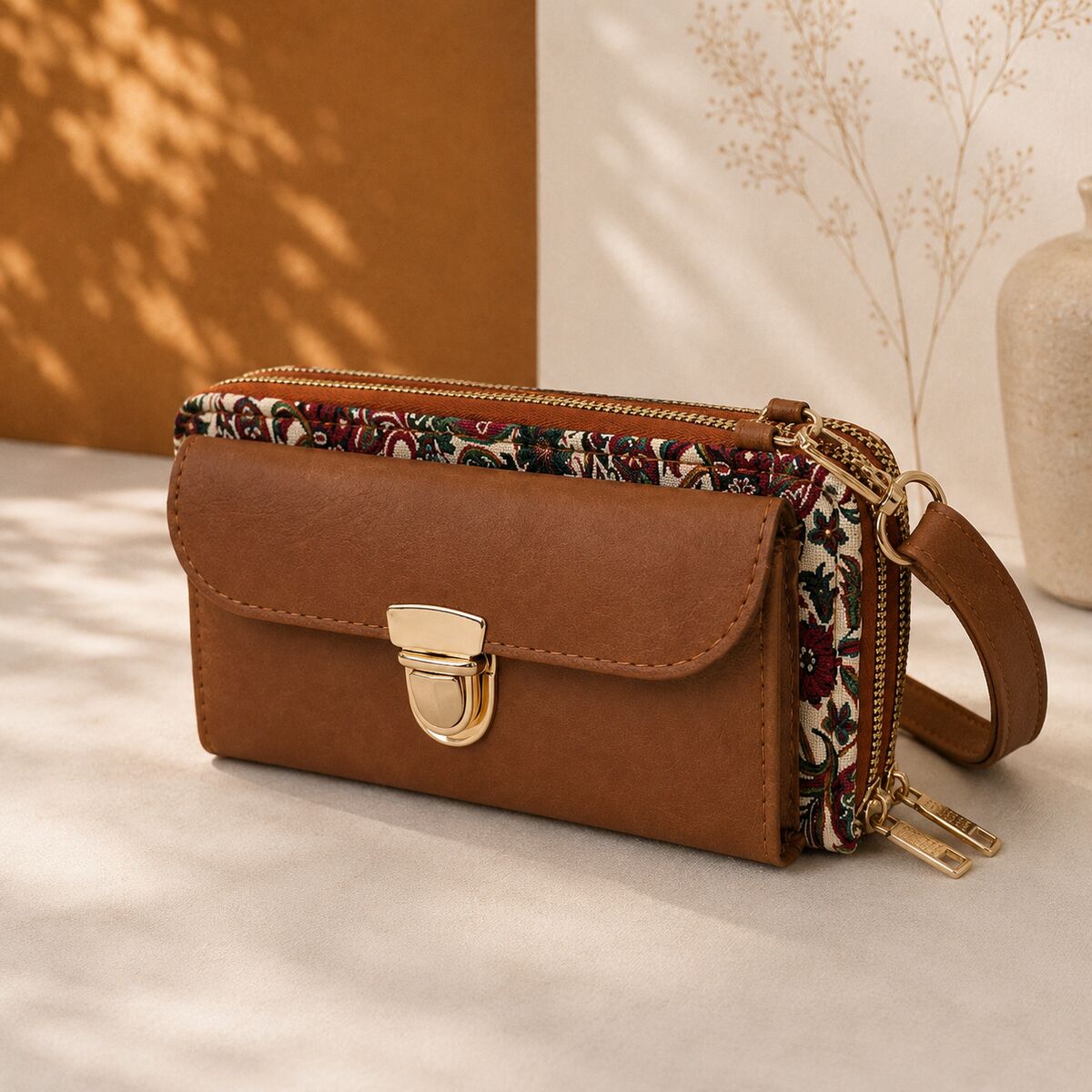 CNT-6007 Taba Yeşil Paisley Desenli Goblen Çapraz Cüzdan Çanta | Eos Kolektif