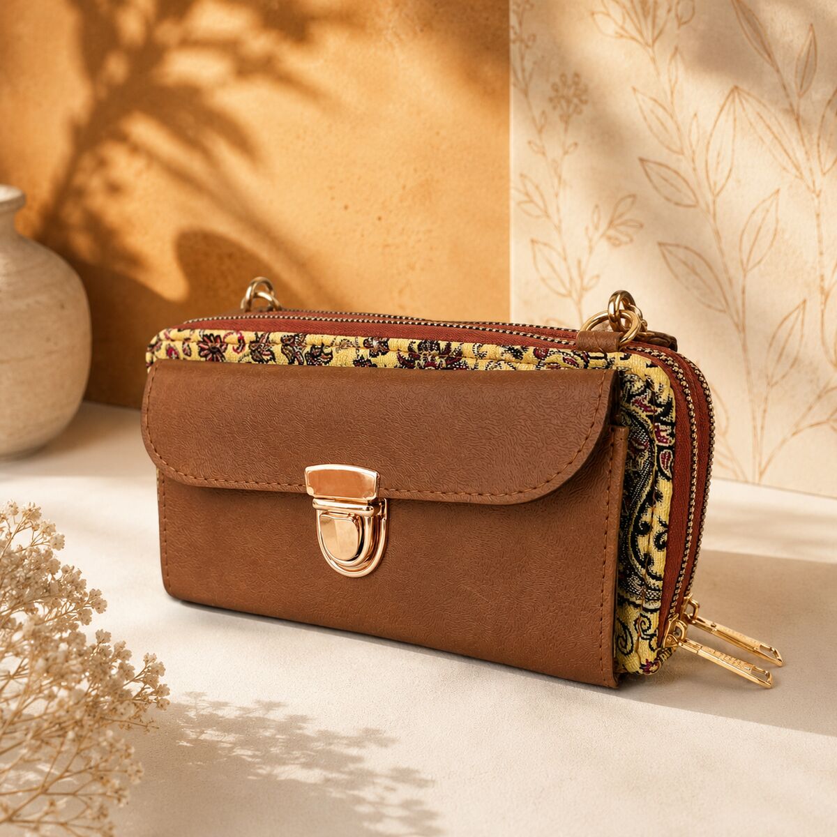 CNT-6005 Taba Sarı Paisley Desenli Goblen Çapraz Cüzdan Çanta | Eos Kolektif