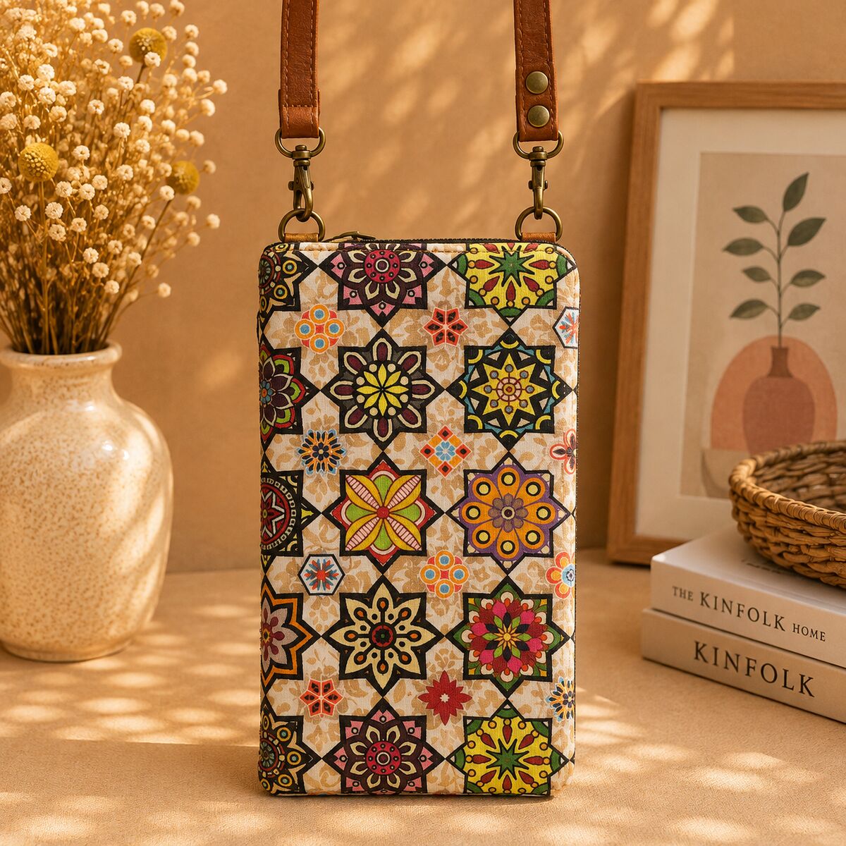 CNT-6014 Taba Krem Mozaik Desenli Goblen Telefon Çantası | Eos Kolektif