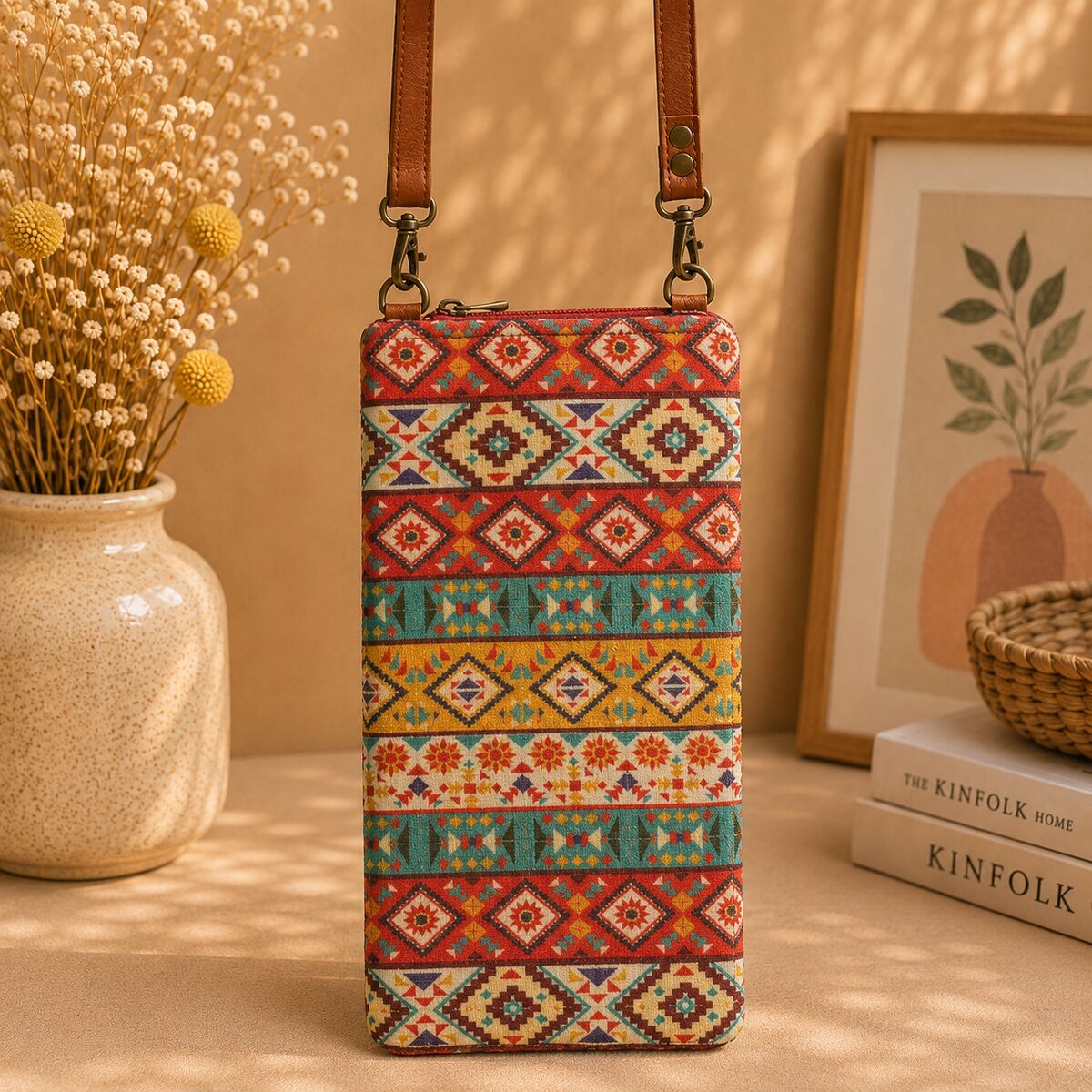 CNT-6012 Taba Kırmızı Turkuaz Kilim Desenli Goblen Telefon Çantası | Eos Kolektif