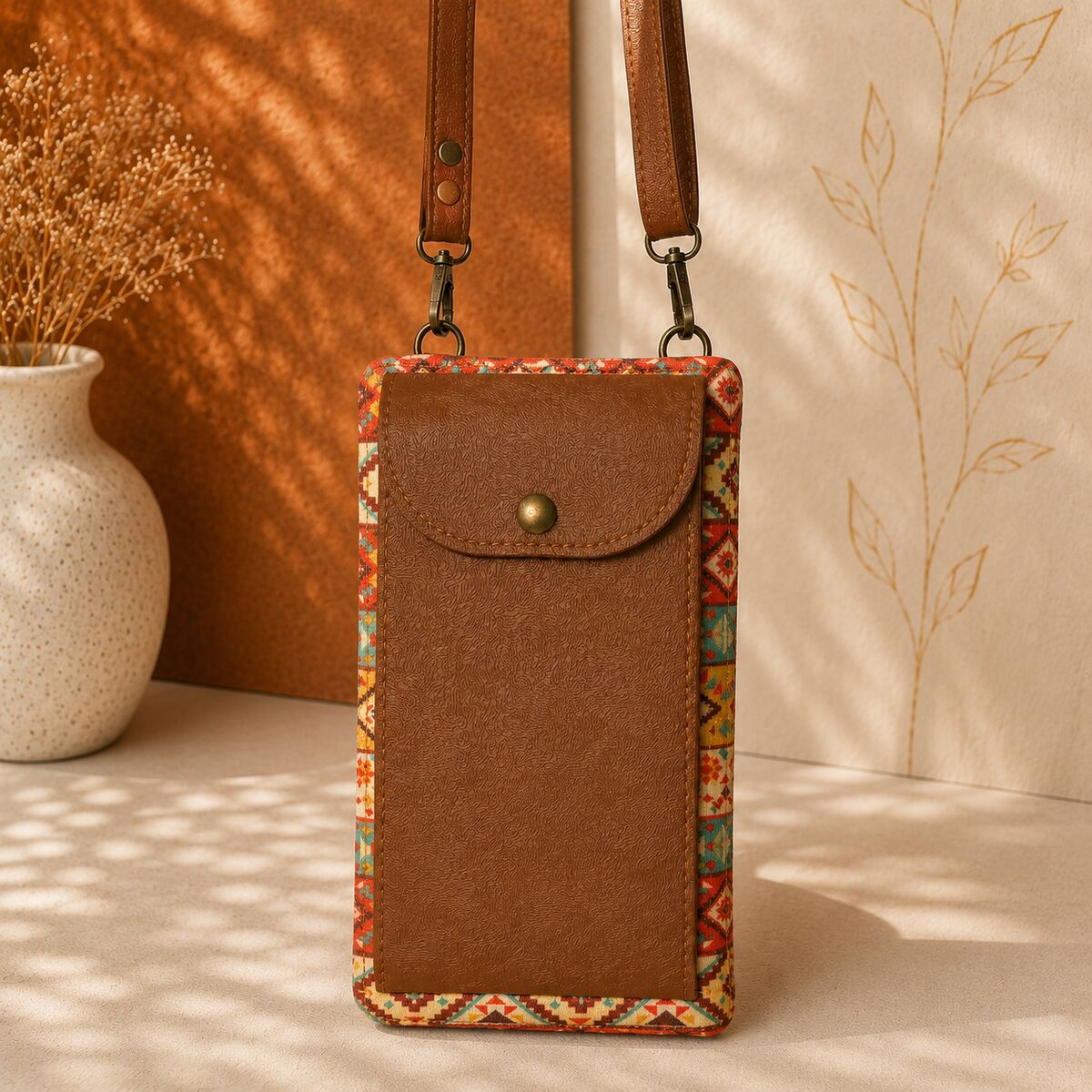CNT-6012 Taba Kırmızı Turkuaz Kilim Desenli Goblen Telefon Çantası | Eos Kolektif