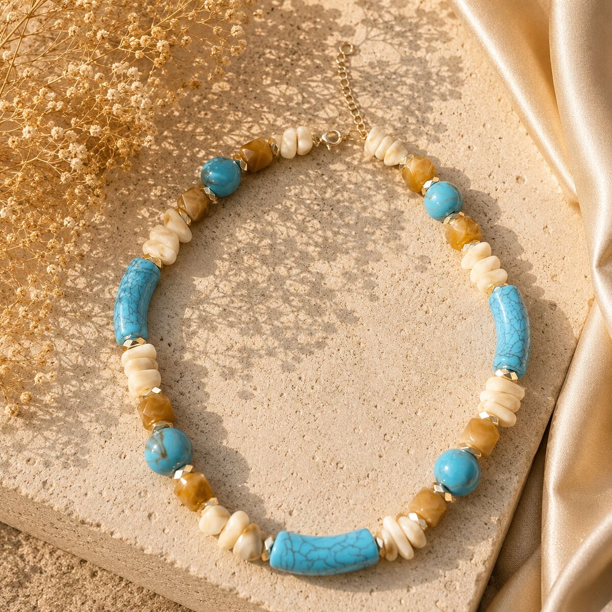 KLY-1061 | El Yapımı Turkuaz Amber Boncuklu Kolye | Eos Kolektif