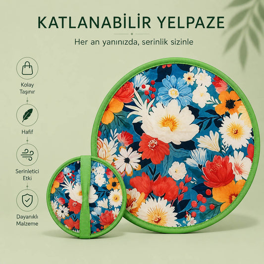 YEL-14006 Yeşil Çiçek Desen Katlanabilir Pratik Yelpaze | Eos Kolektif