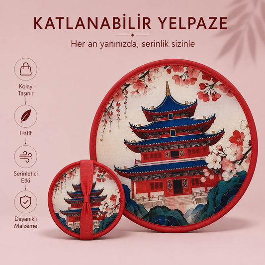 YEL-14005 Kırmızı Pagoda Desen Katlanabilir Pratik Yelpaze | Eos Kolektif