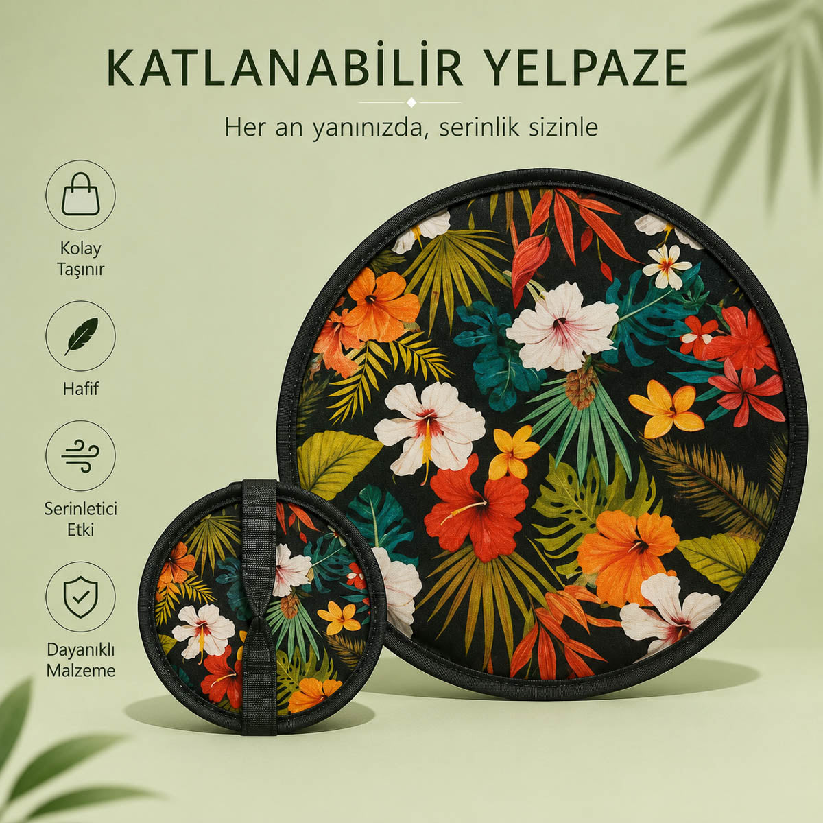 YEL-14004 Siyah Çiçek Desen Katlanabilir Pratik Yelpaze | Eos Kolektif
