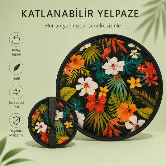 YEL-14004 Siyah Çiçek Desen Katlanabilir Pratik Yelpaze | Eos Kolektif