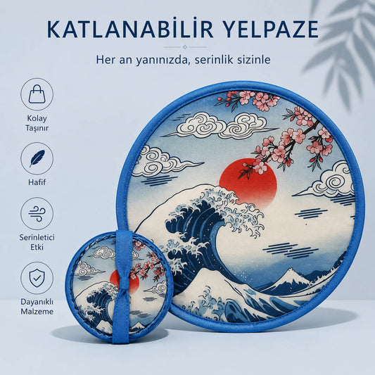 YEL-14003 Kanagawa Dalgası Desen Katlanabilir Pratik Yelpaze | Eos Kolektif