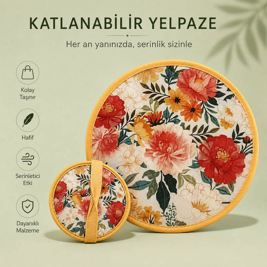 YEL-14002 Sarı Çiçek Desen Katlanabilir Pratik Yelpaze | Eos Kolektif