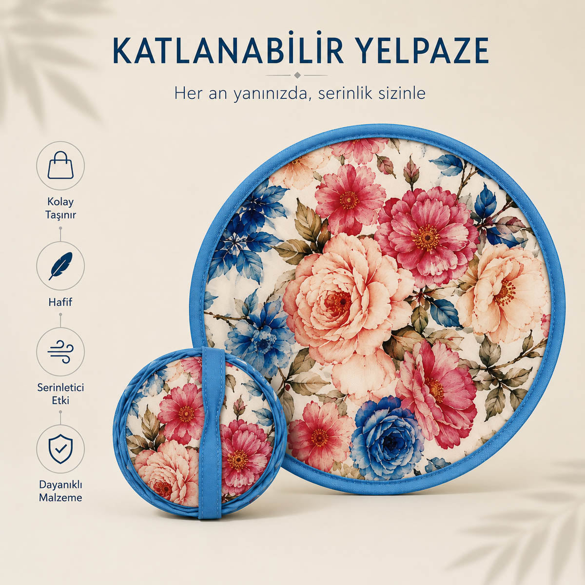 YEL-14001 Mavi Çiçek Desen Katlanabilir Pratik Yelpaze | Eos Kolektif