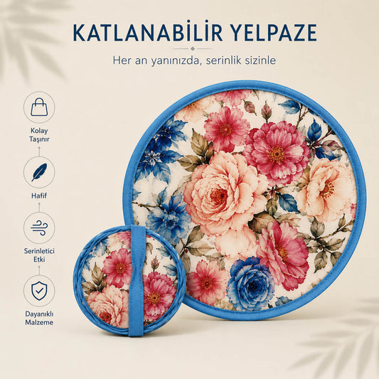 YEL-14001 Mavi Çiçek Desen Katlanabilir Pratik Yelpaze | Eos Kolektif